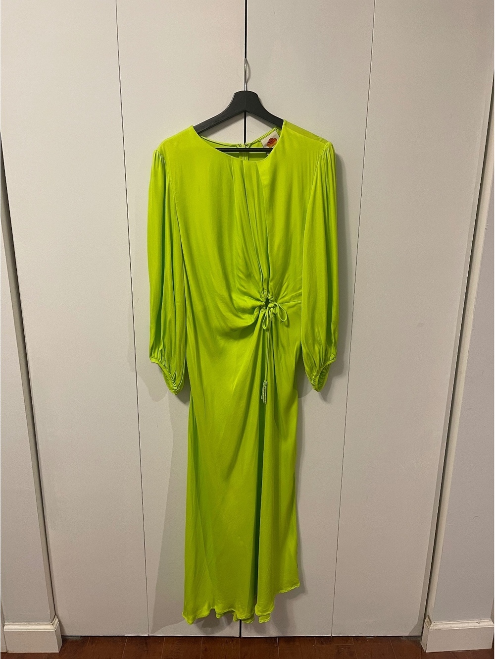 FARM Rio Neon Green Cutout Ruched Midi Dress Long Sleeve XL